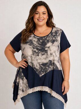 Grace and Emma Womens Size XL 2XL Navy Blue Short Sleeve Lace Hem Tunic Dress